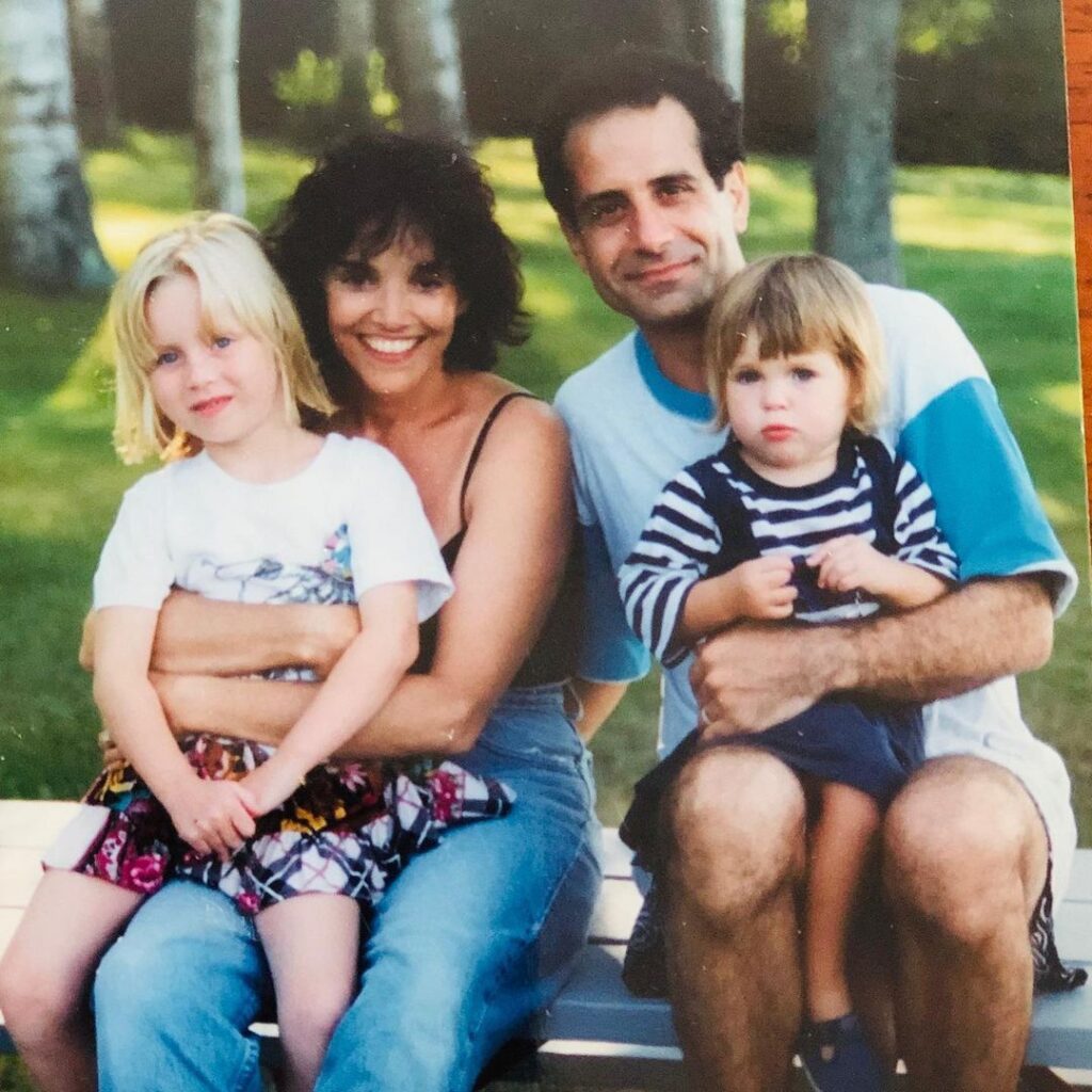Josie Lynn Shalhoub with her mom, Brooke Adams; Sophie Shalhoub with her dad, Tony Shalhoub.